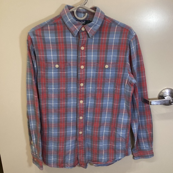 Polo Ralph Lauren Plaid Flannel Button Shirt Red Blue Men’s Medium Cotton - Picture 1 of 15